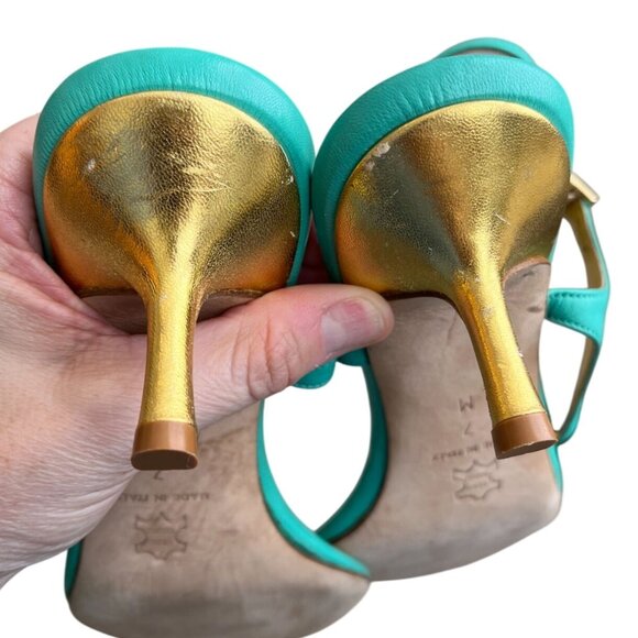 Will's Fancy Made In Italy Beaded Kitten Heels-Turquoise Leather, Size 7M - Picture 11 of 12